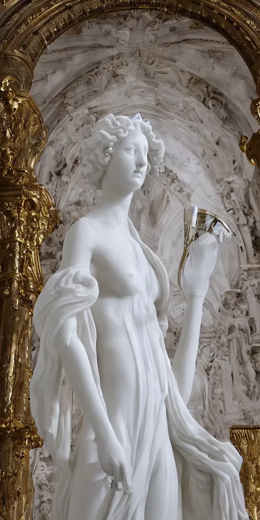Prompt: white marble statue of a girl with a long transparent dress with gold trims, smooth shapes, rich details, ethereal background, bloodborne, aerial view, made by bernini