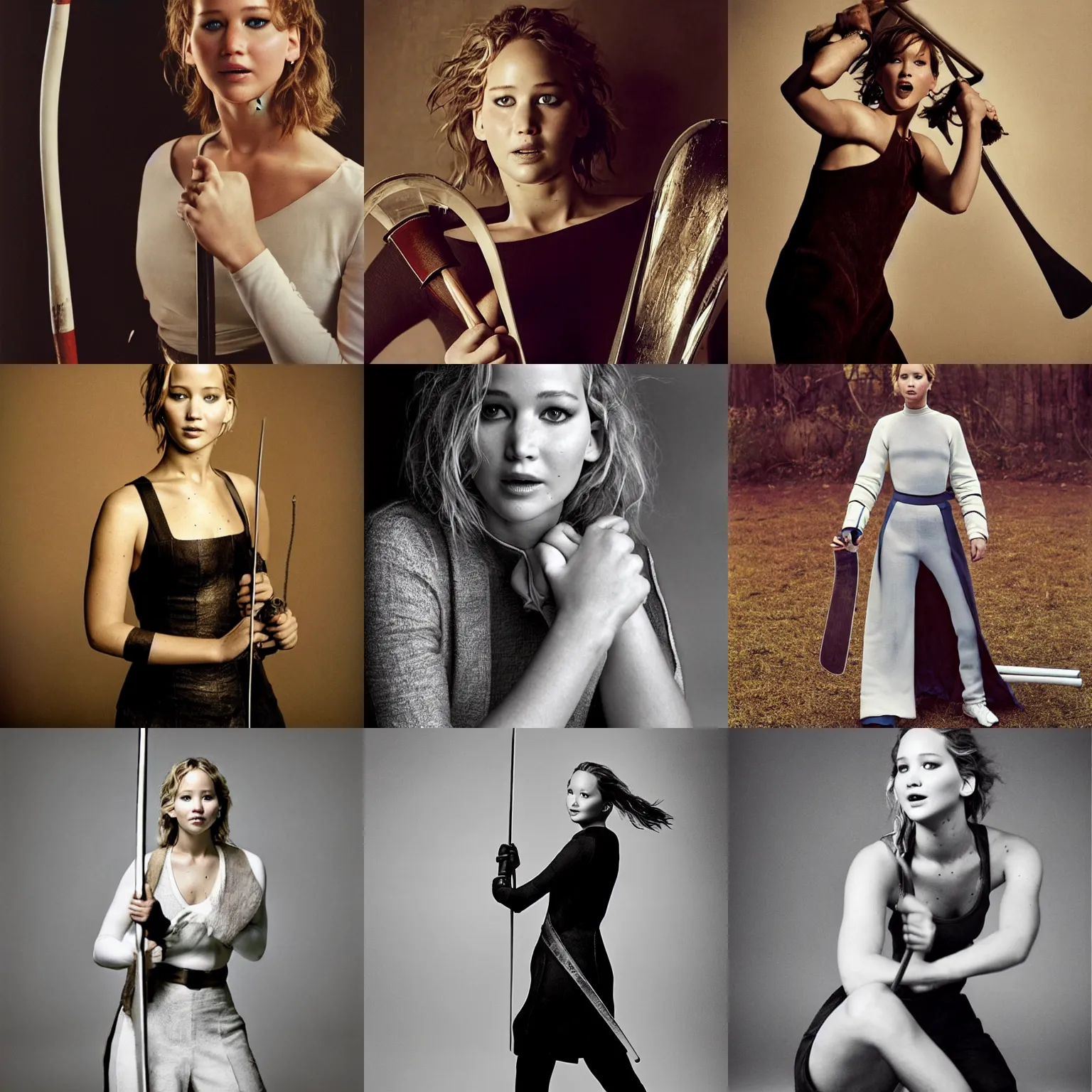 Prompt: Jennifer Lawrence, holding an epee, candid portrait photography by Annie Leibovitz