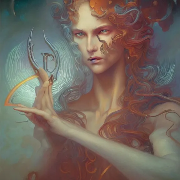 Image similar to a highly detailed beautiful portrait in the style of peter mohrbacher and in the style of jean delville. glowing runes of magical power.