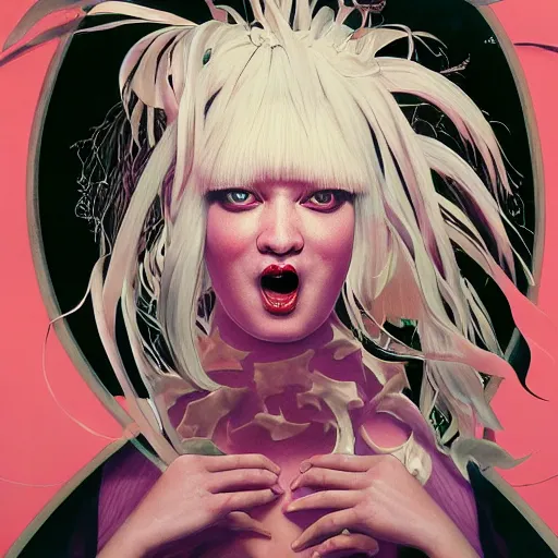 Image similar to portrait of crazy screaming beautiful singer sia kate isobelle furler, big ribbon, ymmetrical, by yoichi hatakenaka, masamune shirow, josan gonzales and dan mumford, ayami kojima, takato yamamoto, barclay shaw, karol bak, yukito kishiro