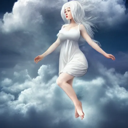 Prompt: goddess wearing a cloud fashion on the clouds, photoshop, colossal, creative, albino skin, giant, digital art, photo manipulation, clouds, covered in clouds, girl clouds, on clouds, covered by clouds, a mini airplane flying, white hair, digital painting, artstation, deviantart