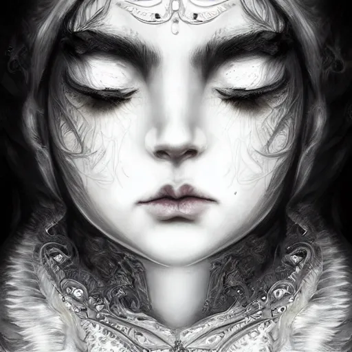 Prompt: A masterpiece portrait of a Incredibly beautiful queer moonchild blind girl with eyeliner . The Queen of the wolves .medium shot, intricate, elegant, highly detailed. trending on artstation, digital art, by Stanley Artgerm Lau, WLOP, Rossdraws, James Jean, Andrei Riabovitchev, Marc Simonetti, Yoshitaka Amano