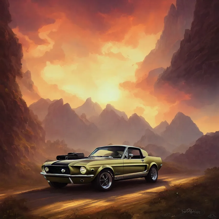 Image similar to a 1 9 6 8 mustang driving down a country road, coriolios rpg art style, full of details, warm sunset colors, matte painting, artstation, 8 k, hyperrealistic, style of peter mohrbacher, album cover, extreme long shot