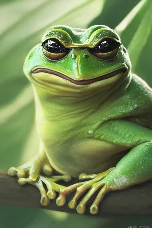 Image similar to photorealistic portrait photograph of pepe!! the frog, upper body, handsome, depth of field, soft focus, highly detailed, intricate, realistic, national geographic cover, soft glow, textured, artstation, concept art, sharp focus, illustration, art by artgerm and greg rutkowski and alphonse mucha