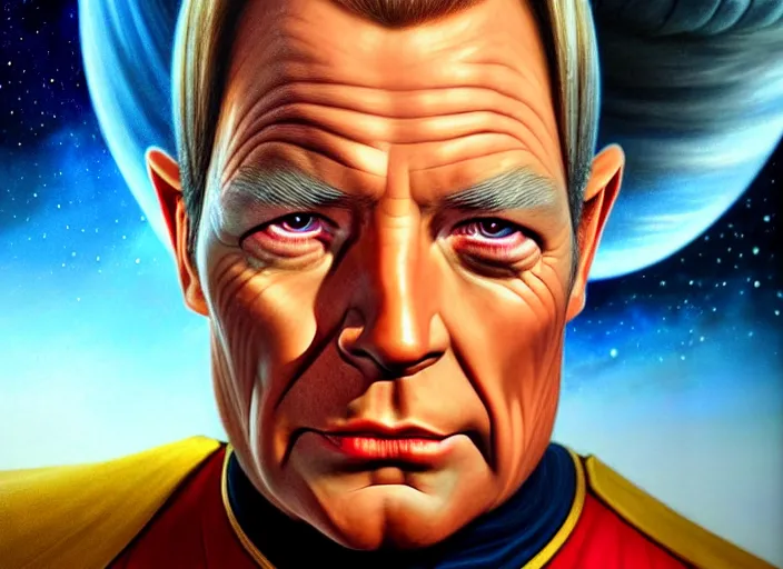 Image similar to portrait shot of a evil captain kirk in star trek, realistic, professionally, professionally color graded, intricate, elegant, highly detailed, centered, digital painting, artstation, concept art, smooth, sharp focus, illustration, artgerm, tomasz alen kopera, peter mohrbacher, donato giancola, joseph christian leyendecker, wlop, boris vallejo