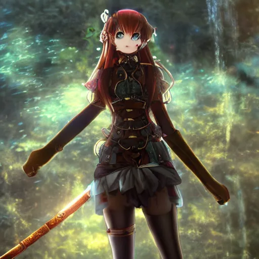 Prompt: anime girl wearing steampunk armor and holding a copper sword, portrait, finely detailed, particles, cinematic lighting, beautiful, lush, trees, river, fog, waterfall,