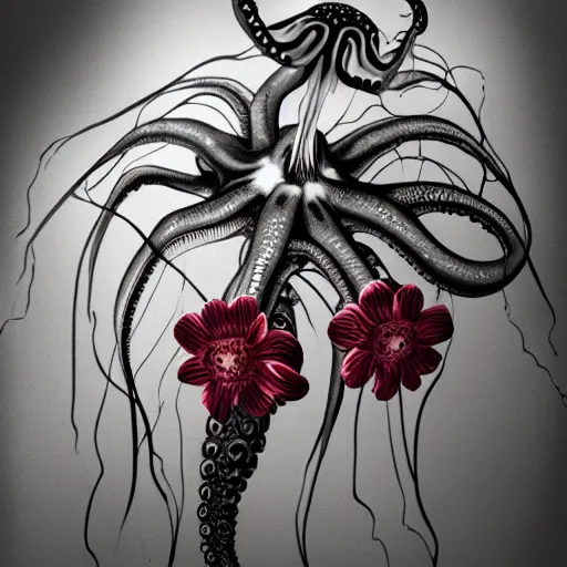 Image similar to hyperrealistic clicker from the last of us, flowers blooming and bursting, octopus, jellyfish, black and white, high contrast, soft focus, sharp, red, highly detailed