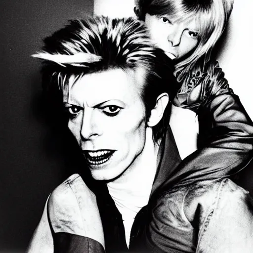 Prompt: david bowie from changes giving a piggy back ride to ziggy stardust. glam rock. by andy warhol