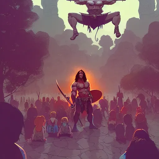 Image similar to conan the barbarian in the park, surrounded by children, illustration, wide shot, subtle colors, concept art by josan gonzales and wlop, laurie greasley, jordan grimmer and james jean, highly detailed, sharp focus, trending on artstation, hq, deviantart, art by artgem