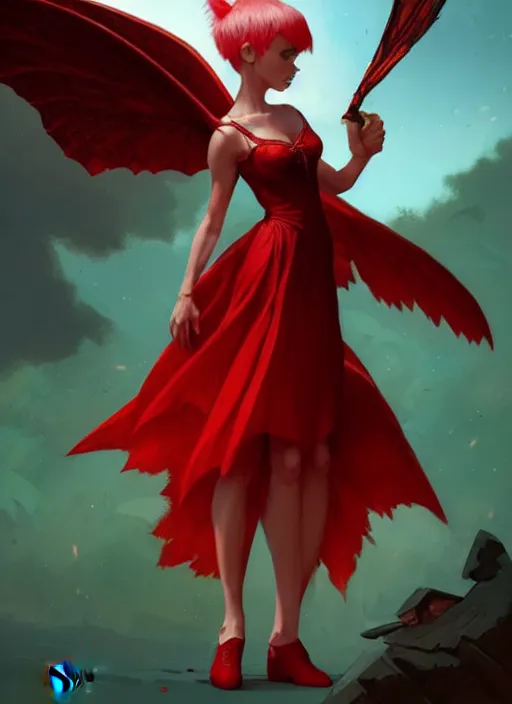 Image similar to Full-body illustration of tiny pixie, D&D fantasy, wearing a red dress, with large wings, intricate, highly detailed, digital painting, artstation, concept art, sharp focus, illustration, art by greg rutkowski and Ross Tran