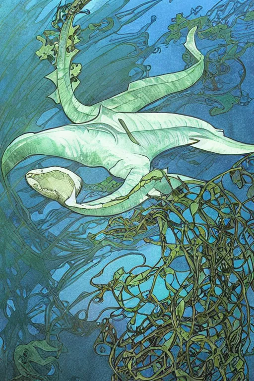 Prompt: a plesiosaur swimming in kelp in sinister green and blue lake, water color, art by artgerm and greg rutkowski and alphonse mucha and jin xiaodi and anthony devine