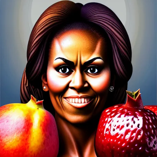 Image similar to fruit character that looks just like michelle obama as a pomegranate, 8 k, fruit eyes, fruit world, beautiful matte painting, by johfra bosschart, hyper realistic, studio lighting, octane render