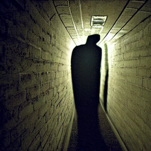 Image similar to a tall man shadow waiting at the end of a tunnel at night, found footage, 8 mm