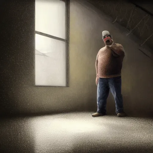 Prompt: high quality high detail painting by john salt, realistic peter griffin standing in a basement with concrete floor. light ray from a blurry window, floating dust, motion blur, gloomy, stippled walls, cinematic shot, epic, realistic, 4 k, perfectly defined features