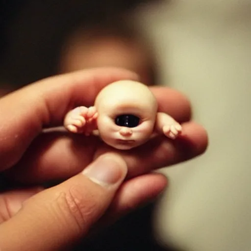 Image similar to a tiny baby demon in the palm of a person's hand, super cute