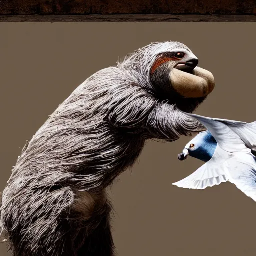 Image similar to sloth fighting a pigeon, aggressive sloth fighting a muscled pigeon, best photo award, high quality 8 k, cinematic lighting