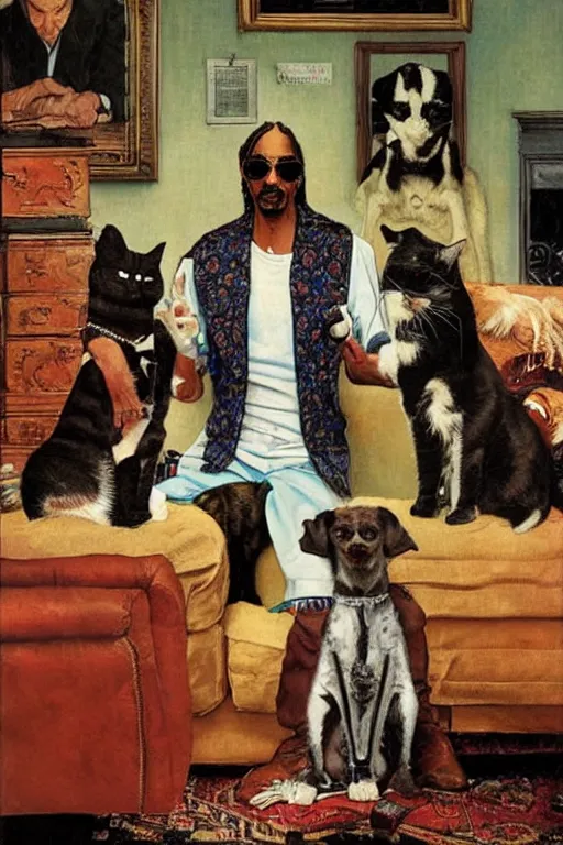 Image similar to snoop dogg and his cats painted by Norman Rockwell