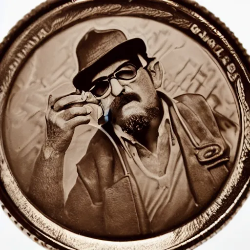 Prompt: A photograph of an unwrapped chocolate coin that is engraved with a young bearded leon redbone smoking a cigar and wearing a greek fisherman's cap, highly detailed, close-up product photo, depth of field, sharp focus, soft lighting