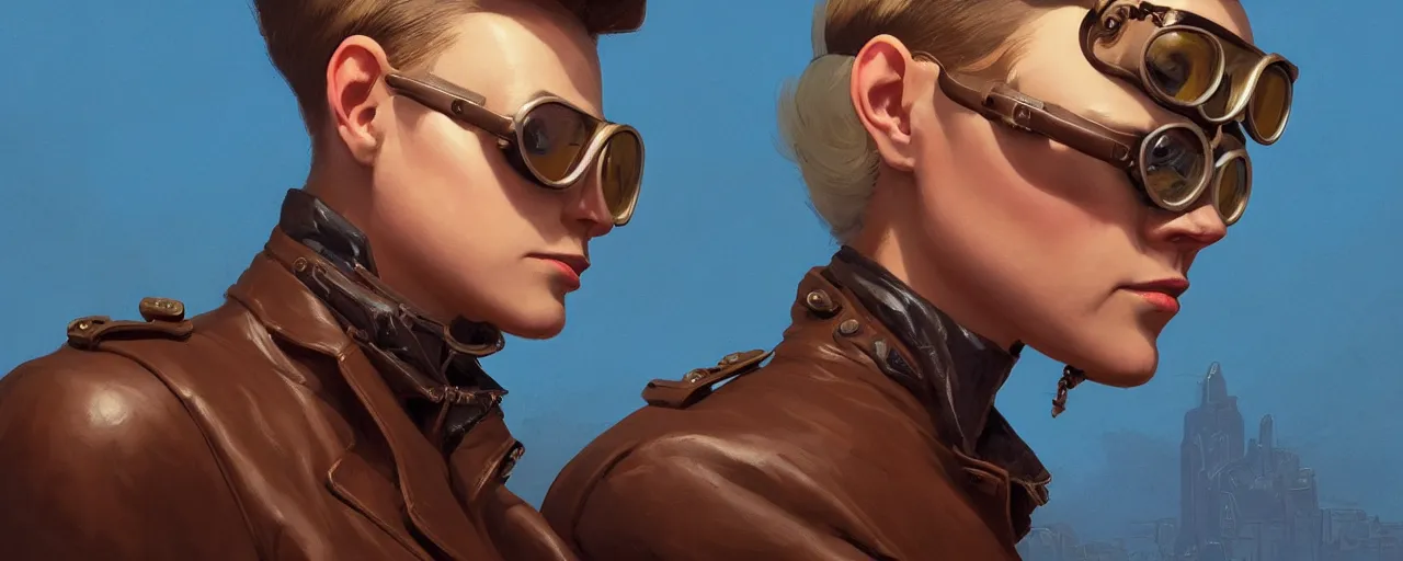 Image similar to stoic heroic emotionless butch blonde woman aviator with short slicked - back hair, wearing dark - lensed victorian goggles, wearing brown leather jacket, moebius, rough paper, behance hd by jesper ejsing, by rhads, makoto shinkai and lois van baarle, ilya kuvshinov, rossdraws global illumination.