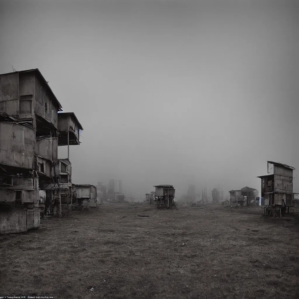 Image similar to two towers, made up of makeshift squatter shacks with faded colours, misty, moody sky at the back, dystopia, mamiya, f 1 1, fully frontal view, photographed by trent parke