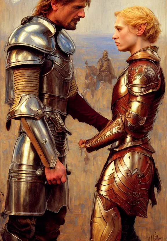 Image similar to attractive fully clothed jaime lannister confesses his love for attractive fully clothed armored brienne of tarth. highly detailed painting by gaston bussiere and j. c. leyendecker 8 k