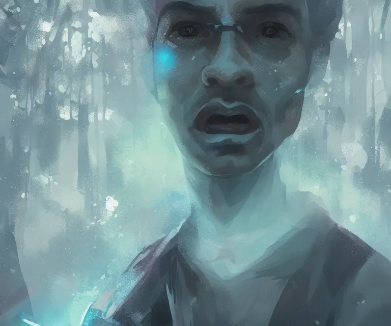 Image similar to painting close - up portrait of a young bald blue - skinned wizard in a forest, masterpiece, trending on artstation, by ismail inceoglu