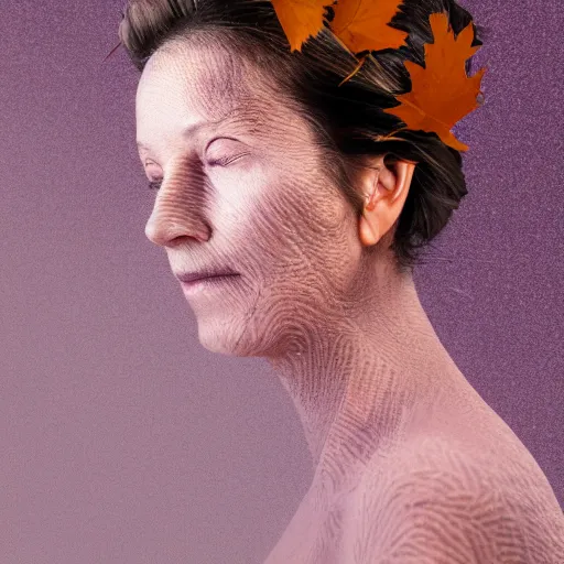 Image similar to portrait sideview woman face made of dry leaves, violet and orange light, foggy milk silk background, elder ring