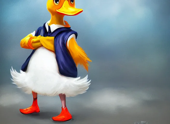 Image similar to detailed concept art of a cute iconic anthropomorphic duck character wearing a sailor suit by wlop on bcy. net, realistic. detailed feathers, art by cheng yi. artstationhd