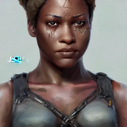 Image similar to beautiful, very strong, african american, female, middle aged, face, no makeup, no tattoos, warrior, battle hardened, head shot, fantasy, highly detailed, digital painting, artstation, concept art, smooth, sharp focus, illustration, art by jodie muir and brom