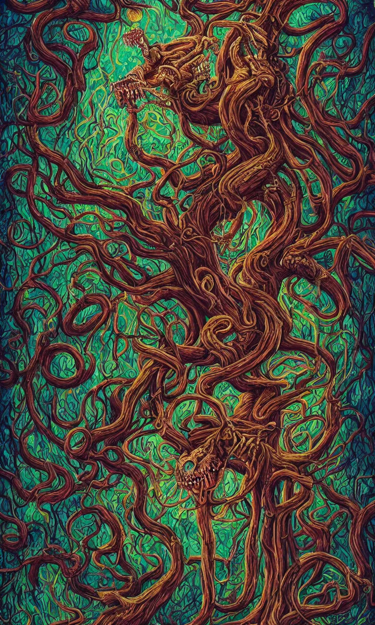 Prompt: a detailed psychedelic painting of a tree disguised as a human with lots of snake eyes and sharp teeth and a long tongue screaming in the style of dark fantasy, artstation, ornate, 8k, deep focus,