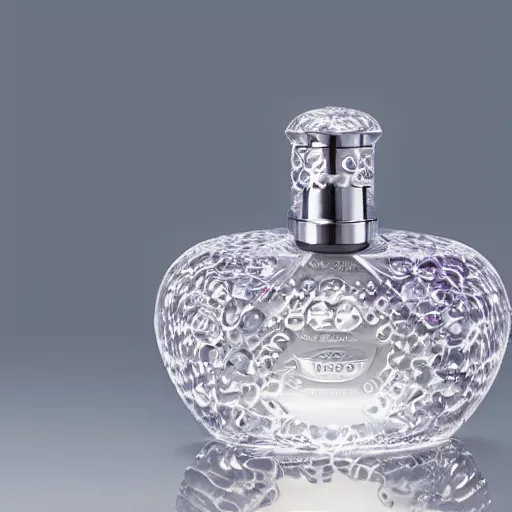 Image similar to a table lamp designed by christian dior in the shape of a perfume bottle, advertising photography, intricate details, gradient studio background, bokeh