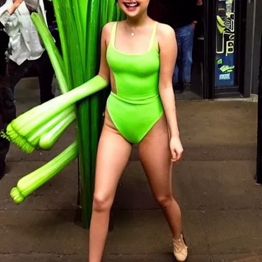 Image similar to selena gomez as celery, celery body, celery mutant