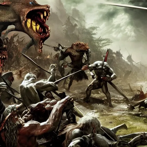 Prompt: clash of two armies, battle, orcs against gollum - faced humans