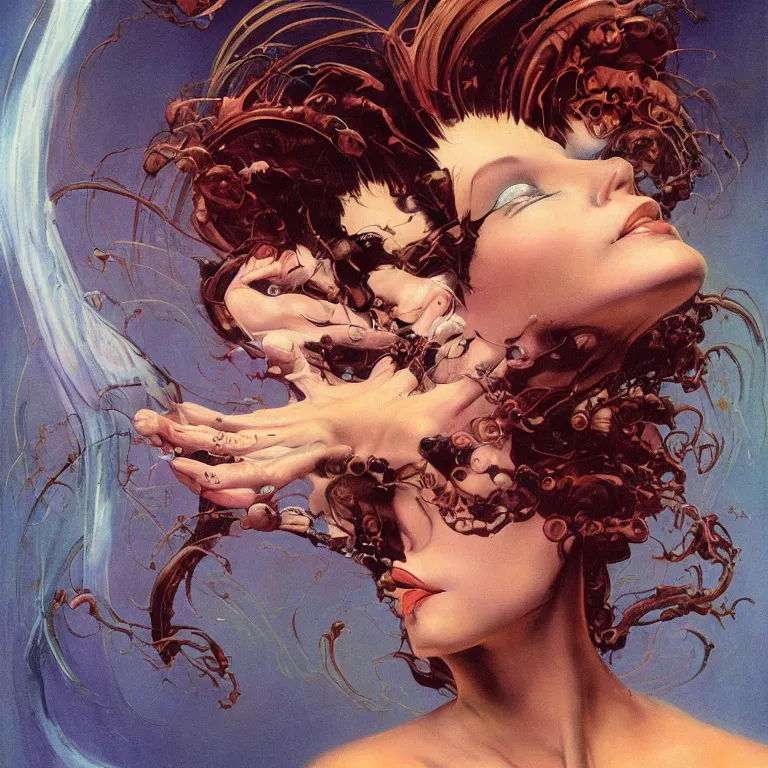 Prompt: portrait of a woman with ( ( ( swirling ) ) ) hair and fractal skin by frank frazetta, retrofuturism, psychedelic art reimagined by industrial light and magic