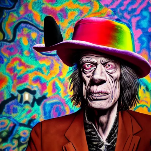 Image similar to old man wearing voodoo hat, mick jagger, art by meow wolf