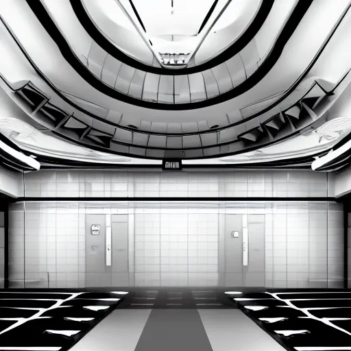 Prompt: an empty operation theater, in front of a black background, detailed digital art, black and white, law of thirds