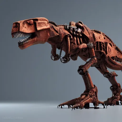 Prompt: a t-rex with rusty metal gears place on its articulations, the gears match the articulation, octane render, 3D