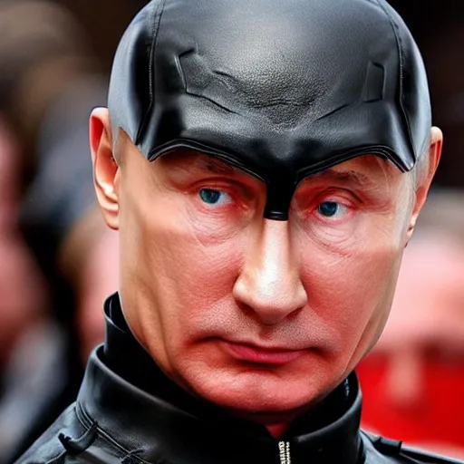 Image similar to vladimir putin as black widow in leather outfit