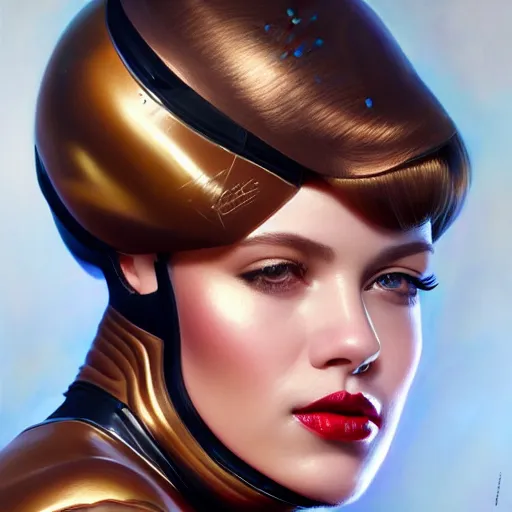 Image similar to a portrait of a very beautiful woman in a spacesuit with a dueling scar, brown eyes, shoulder-length brown hair, deep red lips, glitter, bored, illustration, soft lighting, soft details, painting oil on canvas by mark arian by artgerm, trending on artstation, 4k, 8k, HD