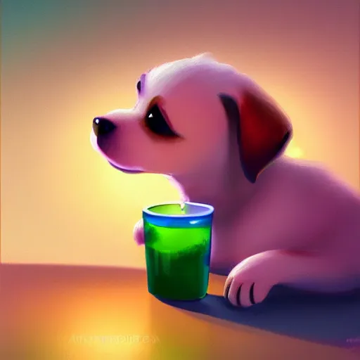 Prompt: cute puppy drinking juice, masterpiece, colorful ambient lighting, smooth shading, 8k, cinematic lighting, highly detailed, digital painting, artstation, smooth, sharp focus, illustration, digital illustration, by Pixar