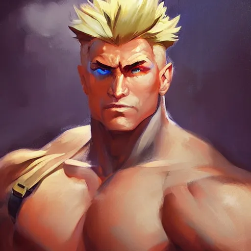 Image similar to greg manchess portrait painting of guile from street fighter as overwatch character, medium shot, asymmetrical, profile picture, organic painting, sunny day, matte painting, bold shapes, hard edges, street art, trending on artstation, by huang guangjian and gil elvgren and ross tran