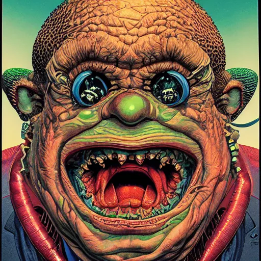 Image similar to portrait of crazy slimer, symmetrical, by yoichi hatakenaka, masamune shirow, josan gonzales and dan mumford, ayami kojima, takato yamamoto, barclay shaw, karol bak, chuck close