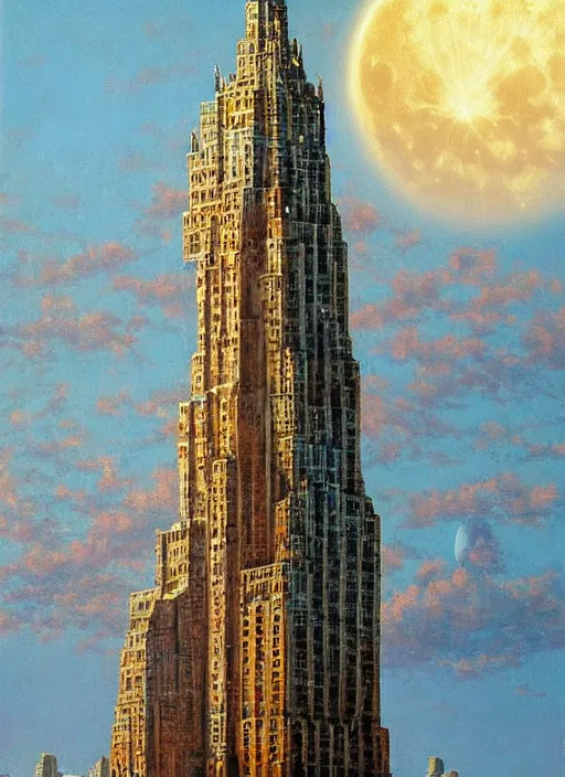 Prompt: wizard tower, manhattan, giant moon, city, painting, detailed, realistic, complimentary - colors, light, by richard doyle, by robert hagan, by tim hildebrandt