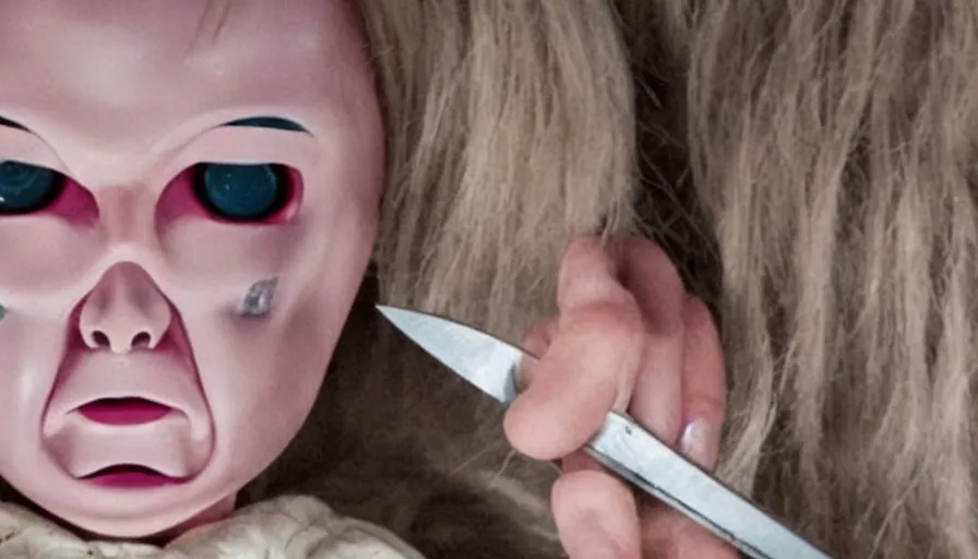 Image similar to big budget horror movie about an evil killer doll with a scalpel