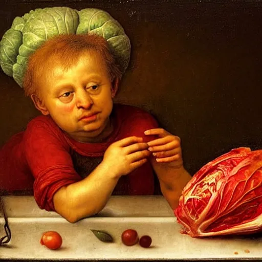 Image similar to a boy sitting in a tub full of tomato sauce, a lot of cabbage, dinner is served, by giuseppe arcimboldo, odd nerdrum and ambrosius benson, renaissance, fruit, intricate and intense oil paint, realistic