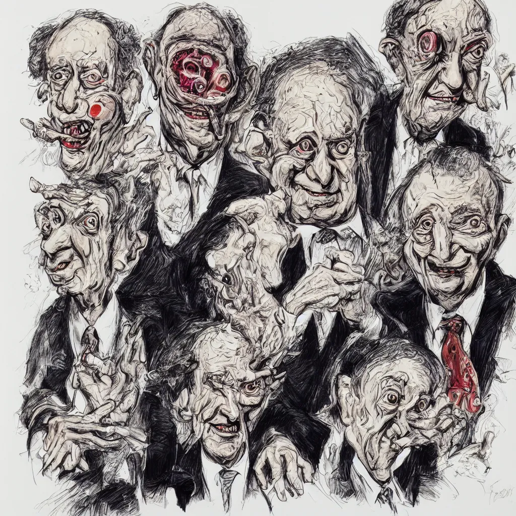 Image similar to Jacob Rothschild and george soros by Ralph Steadman, illustration, body horror, biopunk, 8k , trending on artstation