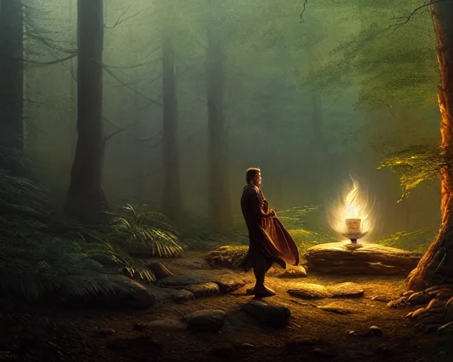 Image similar to liam neeson as a genie in a lamp, in a forest. magical atmosphere. art by greg rutkowski. highly detailed 8 k. intricate. lifelike. soft light. nikon d 8 5 0.