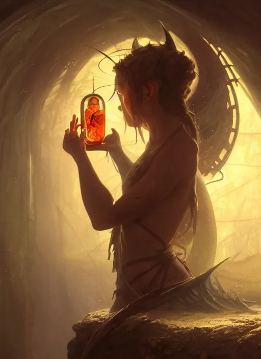 Image similar to A demon looks at a tiny human trapped in a jar, sunrays, dust in the air, DnD character, unreal engine, octane render, dramatic lighting, pond, digital art, by Stanley Artgerm Lau, greg rutkowski, thomas kindkade, alphonse mucha, loish, norman Rockwell,