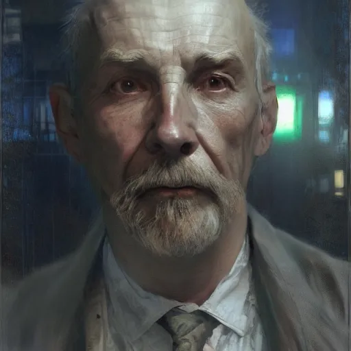 Image similar to hyperrealist portrait of a thin mean old man with a lab coat standing in front of a computer simulation by jeremy mann and alphonse mucha, fantasy art, photo realistic, dynamic lighting, artstation, poster, volumetric lighting, very detailed faces, award winning