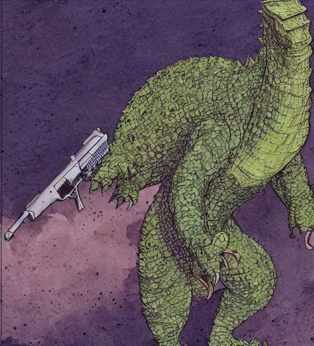 Image similar to a 3 / 4 view watercolor ink painting of godzilla with a glock in the style of jean giraud in the style of moebius trending on artstation deviantart pinterest detailed realistic hd 8 k high resolution